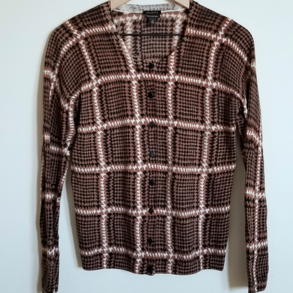 TALBOTS HOUNDSTOOTH CARDIGAN MERINO